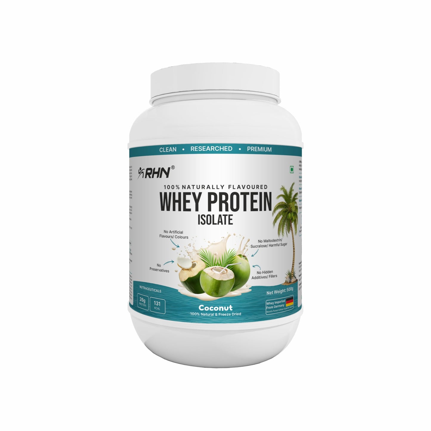 RHN 100% Whey Protein Isolate 500 GM (Coconut) 25g Protein, Muscle Growth, Improve Strength, Faster Muscle Recovery, Germany Imported, Boost Energy, Ideal for Diabetic and Lactose Intolerant People
