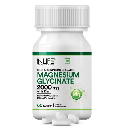 INLIFE Magnesium Glycinate Unbuffered 2000mg with Zinc, Chelated Bisglycinate, Muscle Sleep & Nerve Health, Men Women, 60 Tablets (60 Pack)