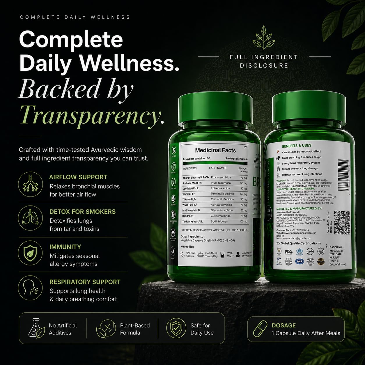 Lung Detox & Cleanse Capsules for Smokers & Pollution | Ayurvedic Respiratory & Breathing Support Supplement | Mucus & Airway Cleansing | Daily Lung Health Detox from Within | Broncocil for Men & Women