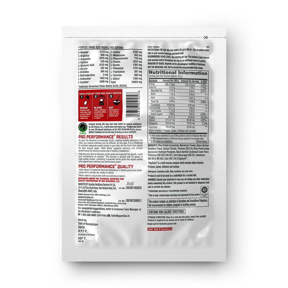 GNC Pro Performance 100% Whey Protein Powder | 35 Gm | 1 Serving | Boosts Strength & Endurance | Builds Lean Muscles | Fastens Muscle Recovery | 24g Protein | 5.5g BCAA | Creamy Strawberry