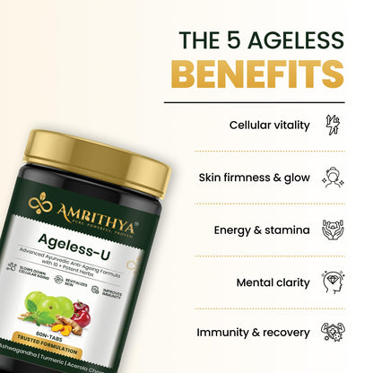 Amrithya Ageless-U Ayurvedic Healthy Aging Tablets for Men & Women | Amla Ashwagandha Turmeric Acerola Cherry Supplement | Skin Health Immunity & Vitality Support | 60 Count