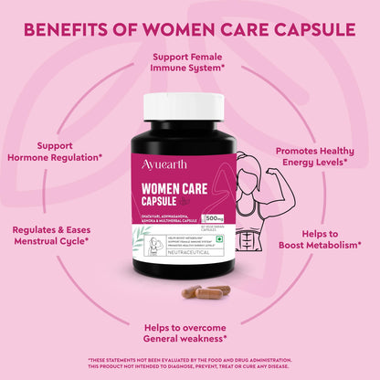 Ayuearth Women Care Capsule 500 mg | Women Wellness | Multiherbal Capsule | Support Female Immune System | Promotes Energy Levels | Restore Hormonal Balance | 60 Veg Capsules