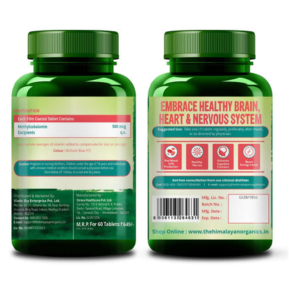 Vlado's Himalayan Organics Vitamin B12 Supplements 500 mcg - Methylcobalamin B12 Vitamin Tablets for Men & Women - 60 Veg Tablets