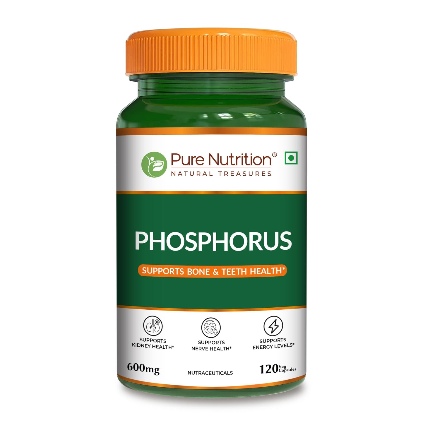 Pure Nutrition Phosphorus 600mg – 120 Veg Capsules | Supports Bone & Teeth Health | Kidney, Nerve & Energy Support | Daily Mineral Supplement for Men & Women