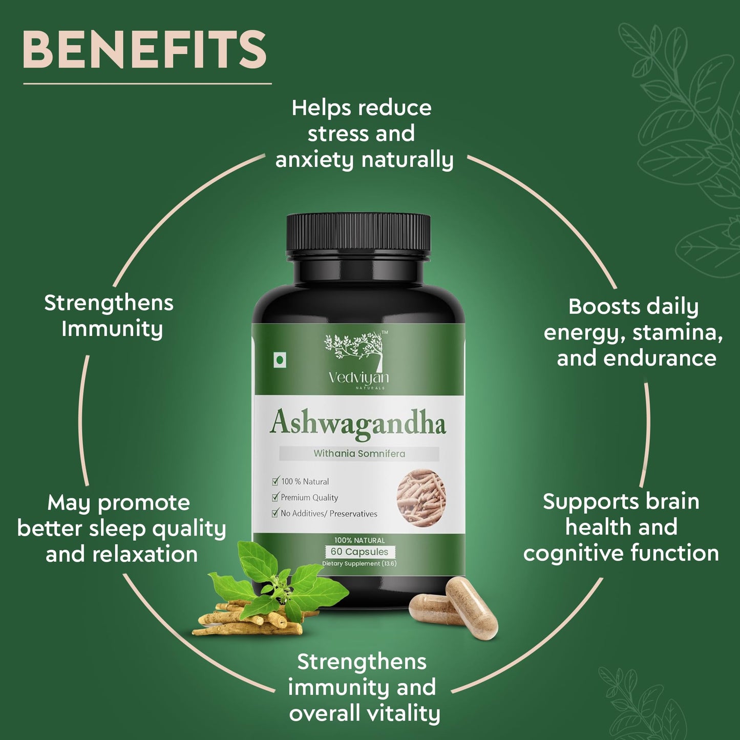 VedViyan Naturals Ashwagandha Capsules 500 mg 60 capsules-Natural stress relief and energy booster-supports immunity,brain health-care 100% vegetarian, premiun quality