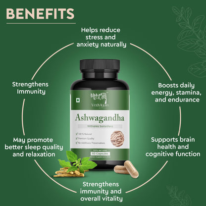 VedViyan Naturals Ashwagandha Capsules 500 mg 60 capsules-Natural stress relief and energy booster-supports immunity,brain health-care 100% vegetarian, premiun quality