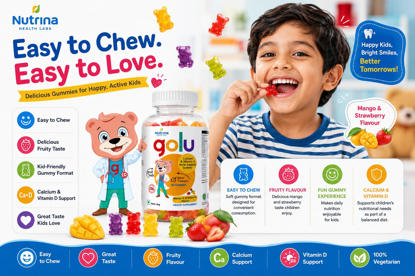 Nutrina Health Labs Golu Vegetarian Calcium+Vitamin D Gummy for Kids (5-13 years) for Strong Bones Teeth and Healthy Muscles, Nut free, Gelatin Free | 30 Gummies (1 Bottle of 30 Gummies)