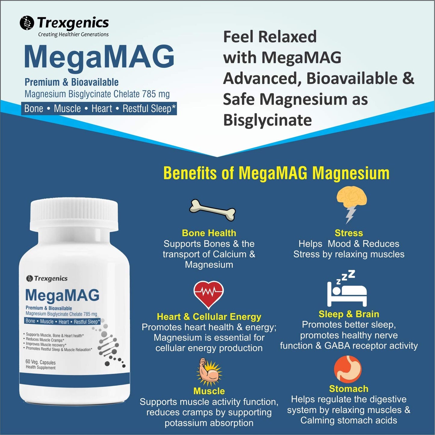 Trexgenics MegaMAG 785mg Magnesium Bisglycinate - Most Bioavailable Magnesium for Sleep, Muscle, Bone & Heart Support (60 Veg. Capsules) (Pack of 1)