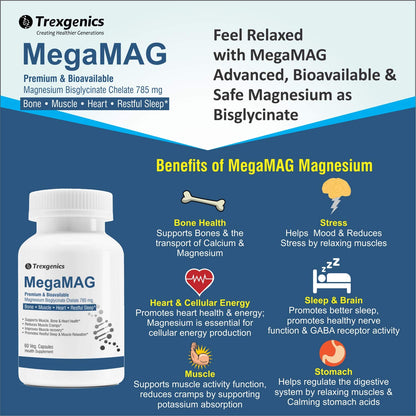 Trexgenics MegaMAG 785mg Magnesium Bisglycinate - Most Bioavailable Magnesium for Sleep, Muscle, Bone & Heart Support (60 Veg. Capsules) (Pack of 1)