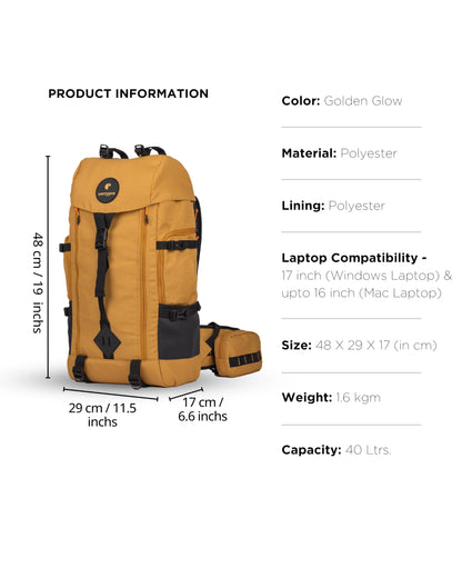 CarryPro HOBO40 v2.0– 40L Functional Travel Backpack for Men & Women, Camping, Biking, Trip, Trekking Bag, Fits 15.6” Laptop, Water-Resistant with Rain Cover, Travel Pouch, 2-Year Warranty(GoldenGlow)