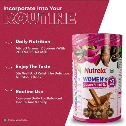 Nutrela Women Superfoods Protein Powder - 400g, Chocolate | Everyday Fitness with Biofermented Multivitamins & Whey Protein to support in Bone & Joints Health , Muscle , Heart , Hair & Nails , Vitality and Mood Stabilizer