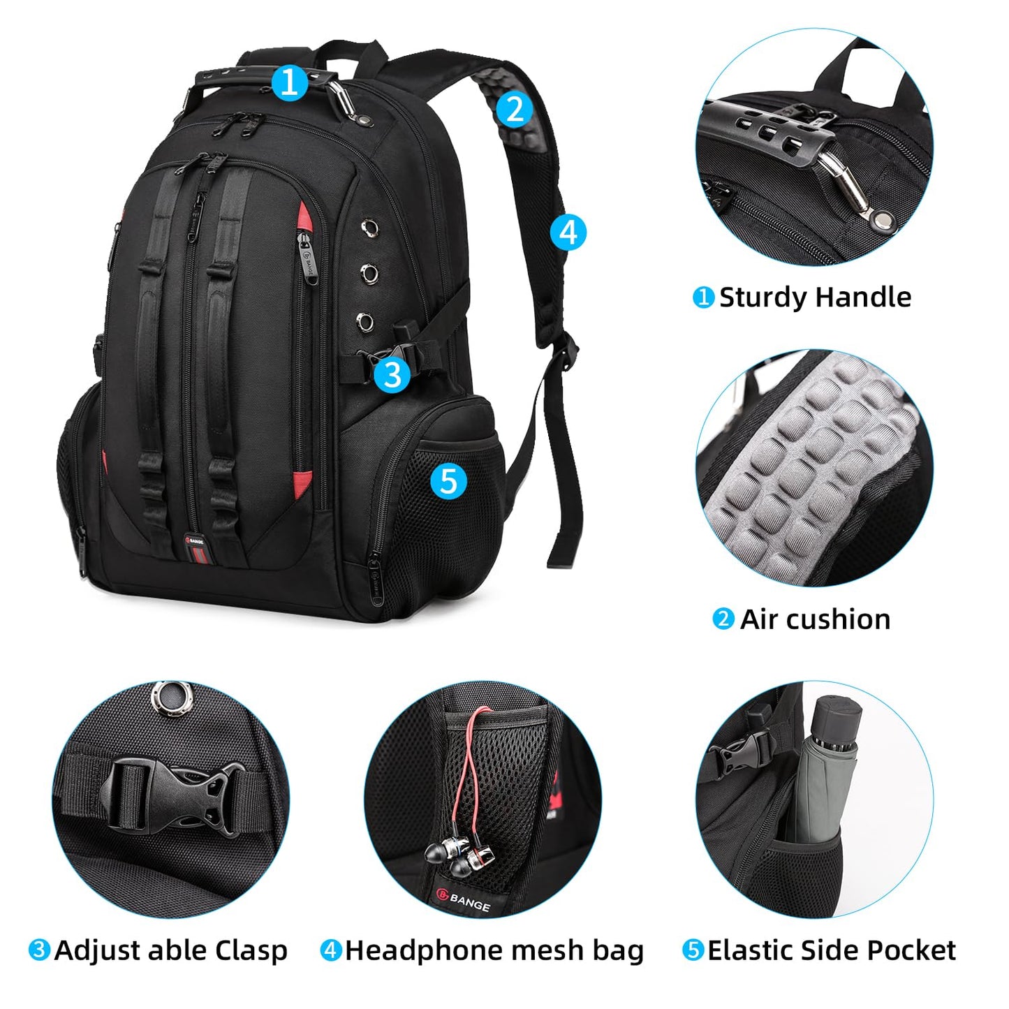 BANGE Backpack with USB Charging Port (1901_Black)- image 7