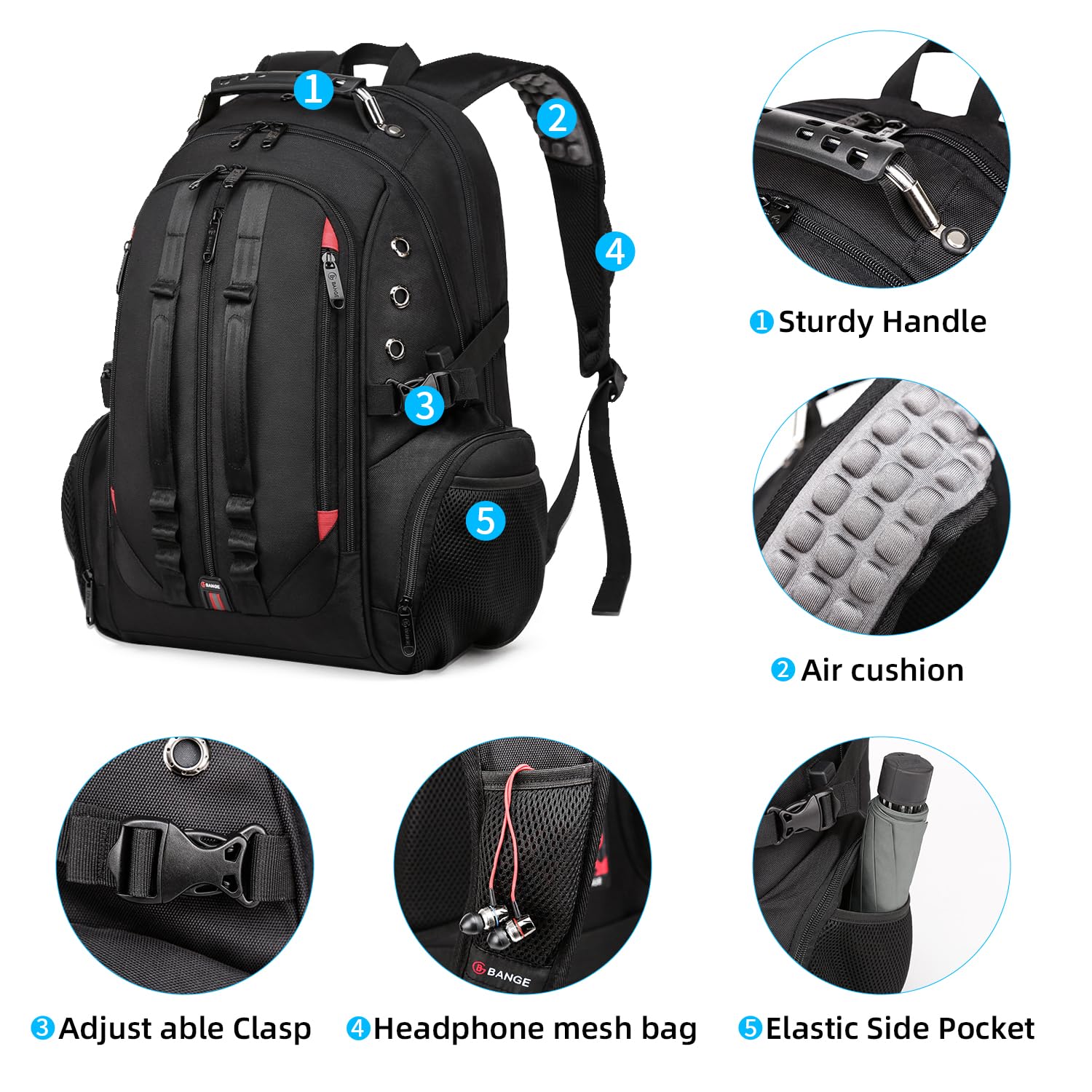 BANGE Backpack with USB Charging Port (1901_Black)- image 7