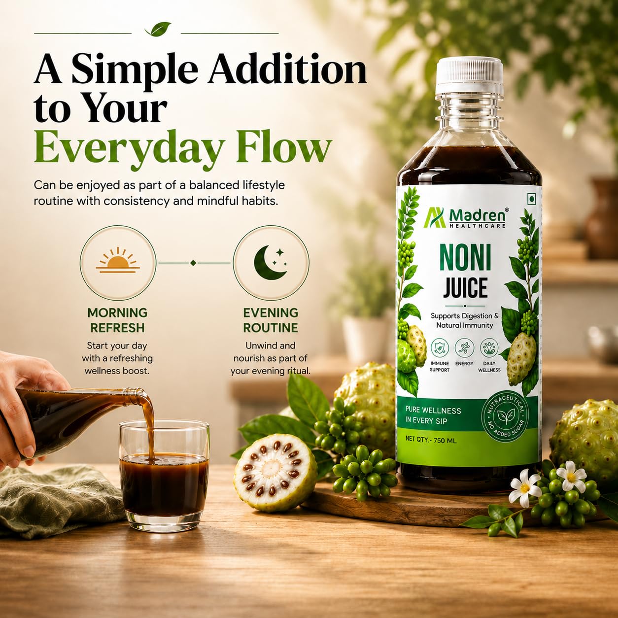 Madren Healthcare Ayurvedic Noni Juice 750ml | Rich in Antioxidants for Immunity & Energy Support | Natural Detox Juice | Supports Overall Wellness & Vitality | No Added Sugar | Daily Health Supplement for Men & Women