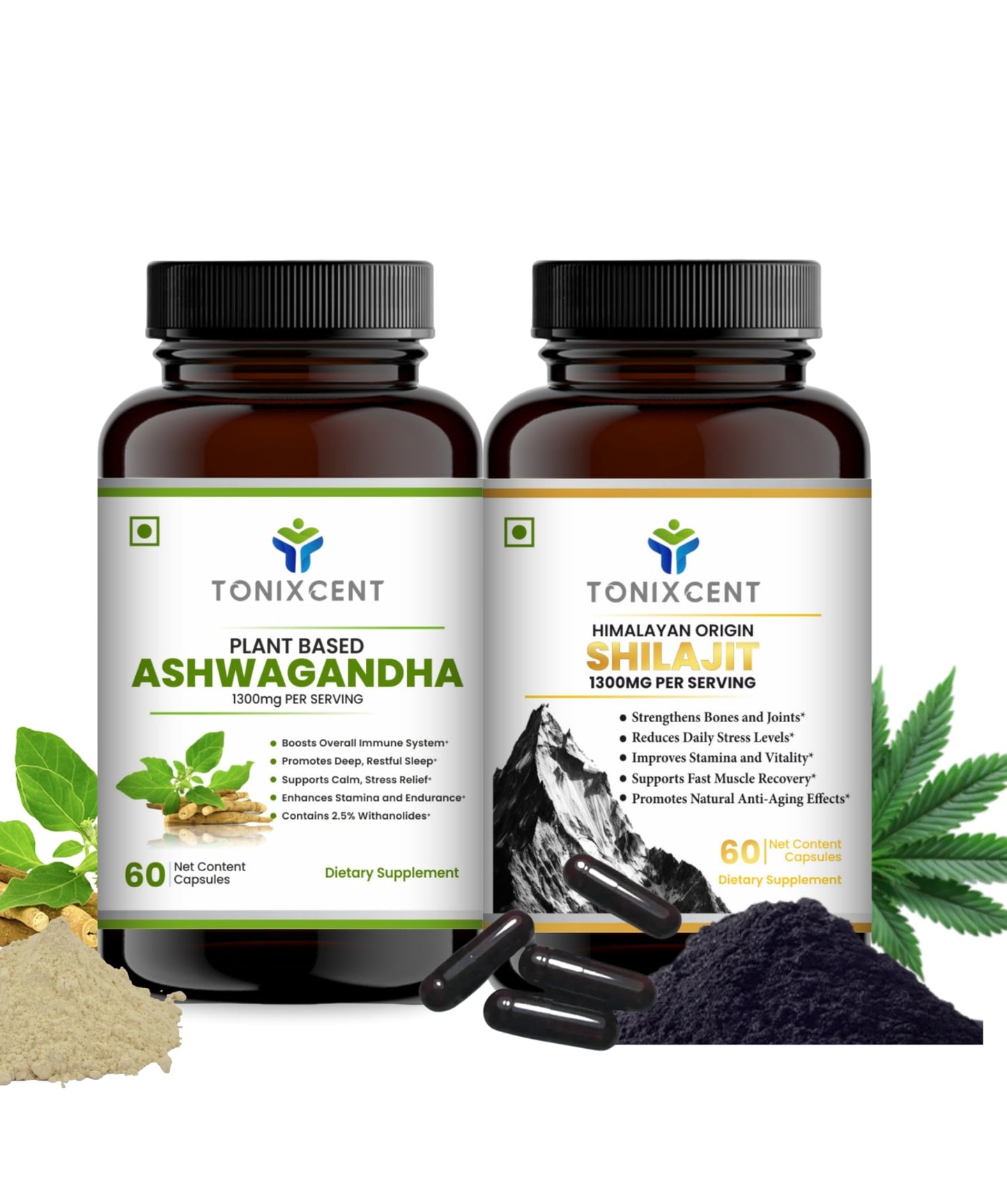 TONIXCENT Strength & Stress Relief Combo | Ashwagandha 1300mg & Shilajit 1300mg Capsules | Boosts Stamina, Reduces Stress & Enhances Vitality | 60+60 Vegan Capsules
