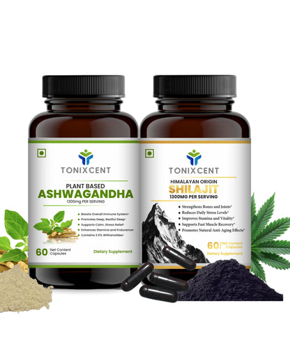 TONIXCENT Strength & Stress Relief Combo | Ashwagandha 1300mg & Shilajit 1300mg Capsules | Boosts Stamina, Reduces Stress & Enhances Vitality | 60+60 Vegan Capsules