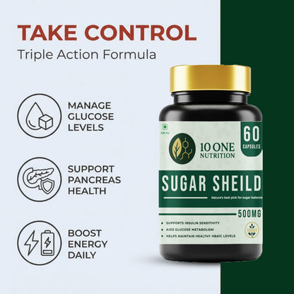 10 One Nutrition Sugar Shield 500mg | Helps Manage Blood Sugar Levels With Karela, Jamun & Gudmar & 8 more herbs | 100% Ayurvedic Capsule with Powerful Herbs | 60 Veg Capsules