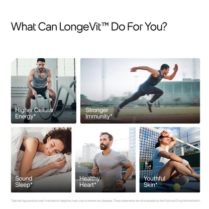 Decode Age LongeVit Supplement, contains NMN, hyaluronic acid, CoQ10 and other ingredients for Graceful Ageing, Boosts NAD+, Energy Levels, Endurance, Overall Health, Recovery, 30 Veg Tablets