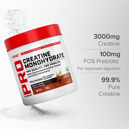 GNC Pro Performance Creatine Monohydrate - 3000mg Creatine Per Scoop | Micronized for Faster Absorption | Boosts Energy, Muscle Volume & Performance | Gluten-Free | Cola | 100gm