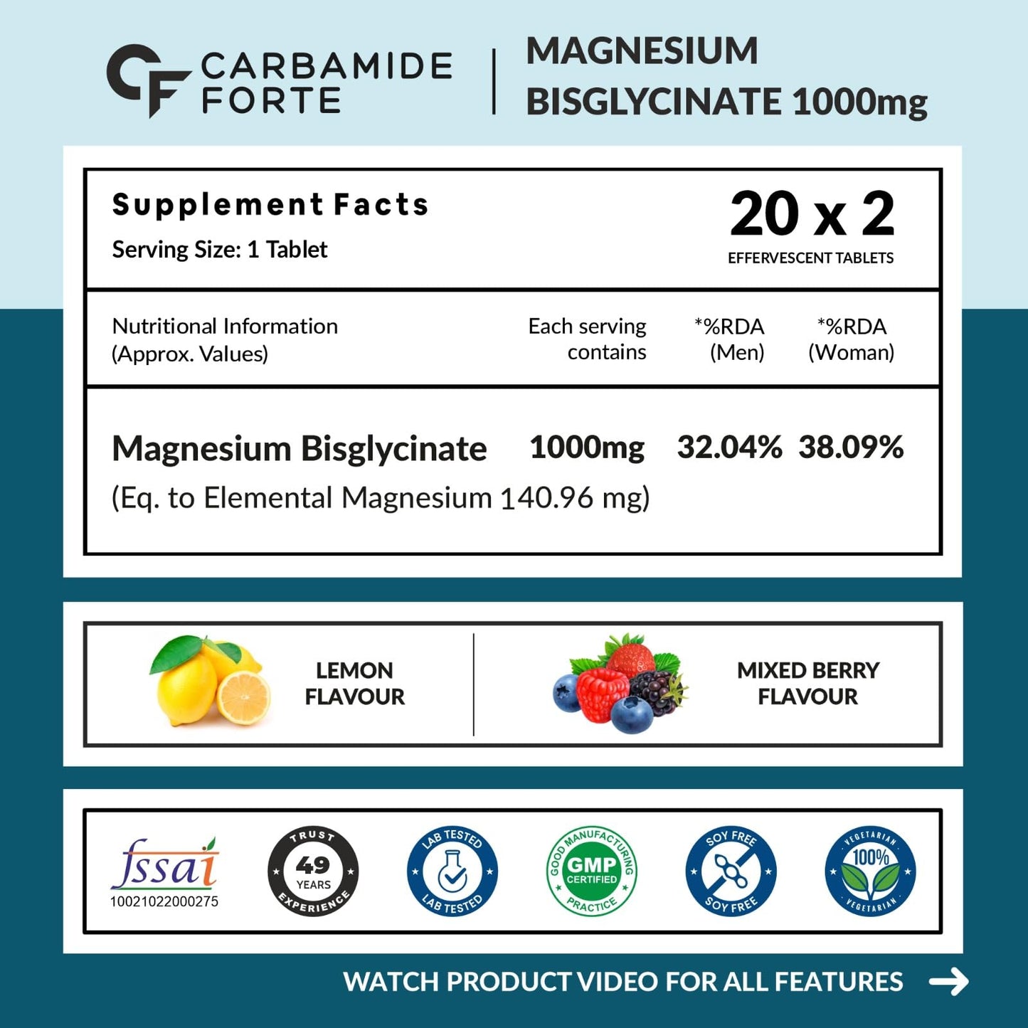 Carbamide Forte Magnesium Supplements Bisglycinate Effervescent Tablets 1000mg | Magnesium Glycinate Tablets | Supports Sleep, Muscle Cramp & Nerve Function - 2 X 20 Tablet - Lemon & Mixed Berry Flavour