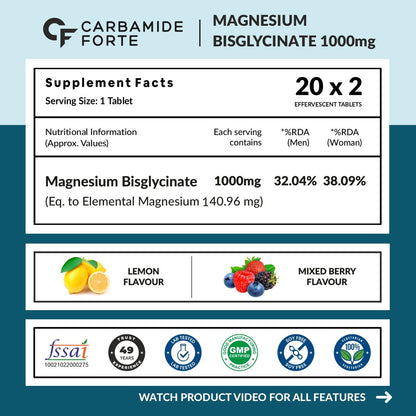 Carbamide Forte Magnesium Supplements Bisglycinate Effervescent Tablets 1000mg | Magnesium Glycinate Tablets | Supports Sleep, Muscle Cramp & Nerve Function - 2 X 20 Tablet - Lemon & Mixed Berry Flavour