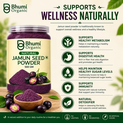 Bhumi Organic Ayurveda Jamun Seed Powder for Diabetes - 500 Grams - Pure Natural Herbal Supplement