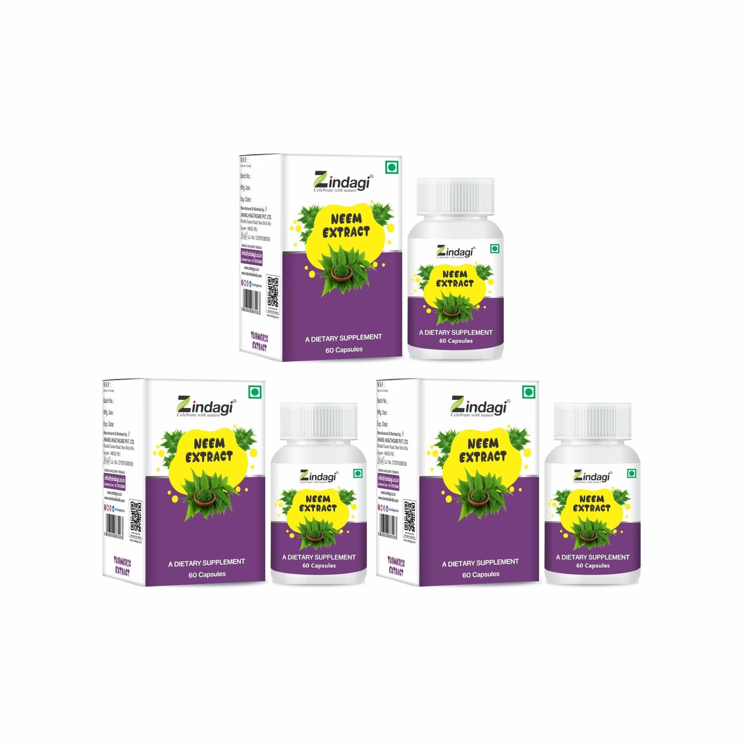 Zindagi 100% Pure Neem Extract Capsules - Dietary Supplement - Anti Bacterial Properties 60 Capsules (Pack of 3)