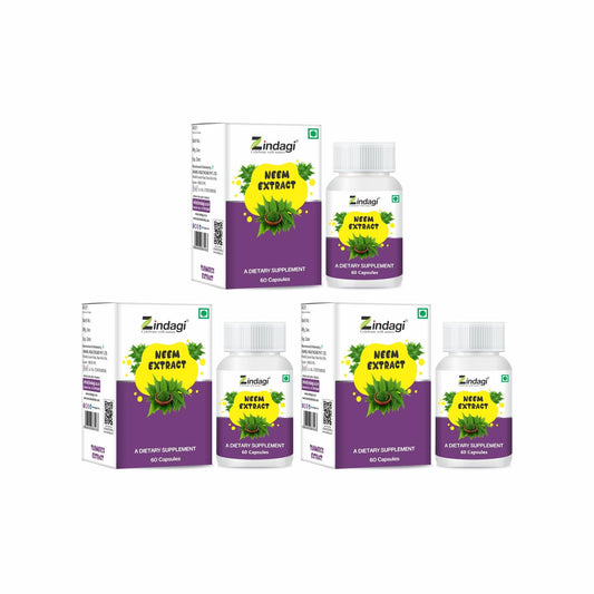 Zindagi 100% Pure Neem Extract Capsules - Dietary Supplement - Anti Bacterial Properties 60 Capsules (Pack of 3)