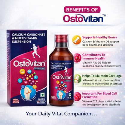 Ostovitan Calcium Carbonate & Multivitamin Suspension 200ml | With Vitamin D3, B12, A, C & E | Bone Health & Immunity Support | Health Supplement for Men & Women