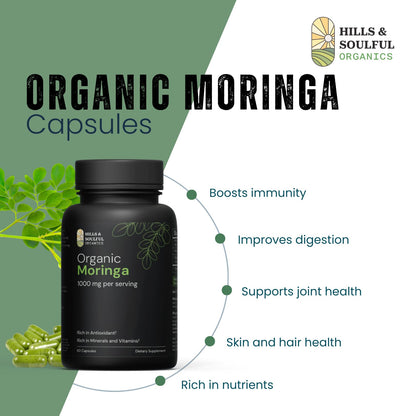 Hills and Soulful Organics Moringa Powder Capsules | Nutrient Rich Natural Green Antioxidant Superfood | Supports Energy, Skin Health, Gut Health - With Essential Vitamins & Amino Acids - 60 Capsules