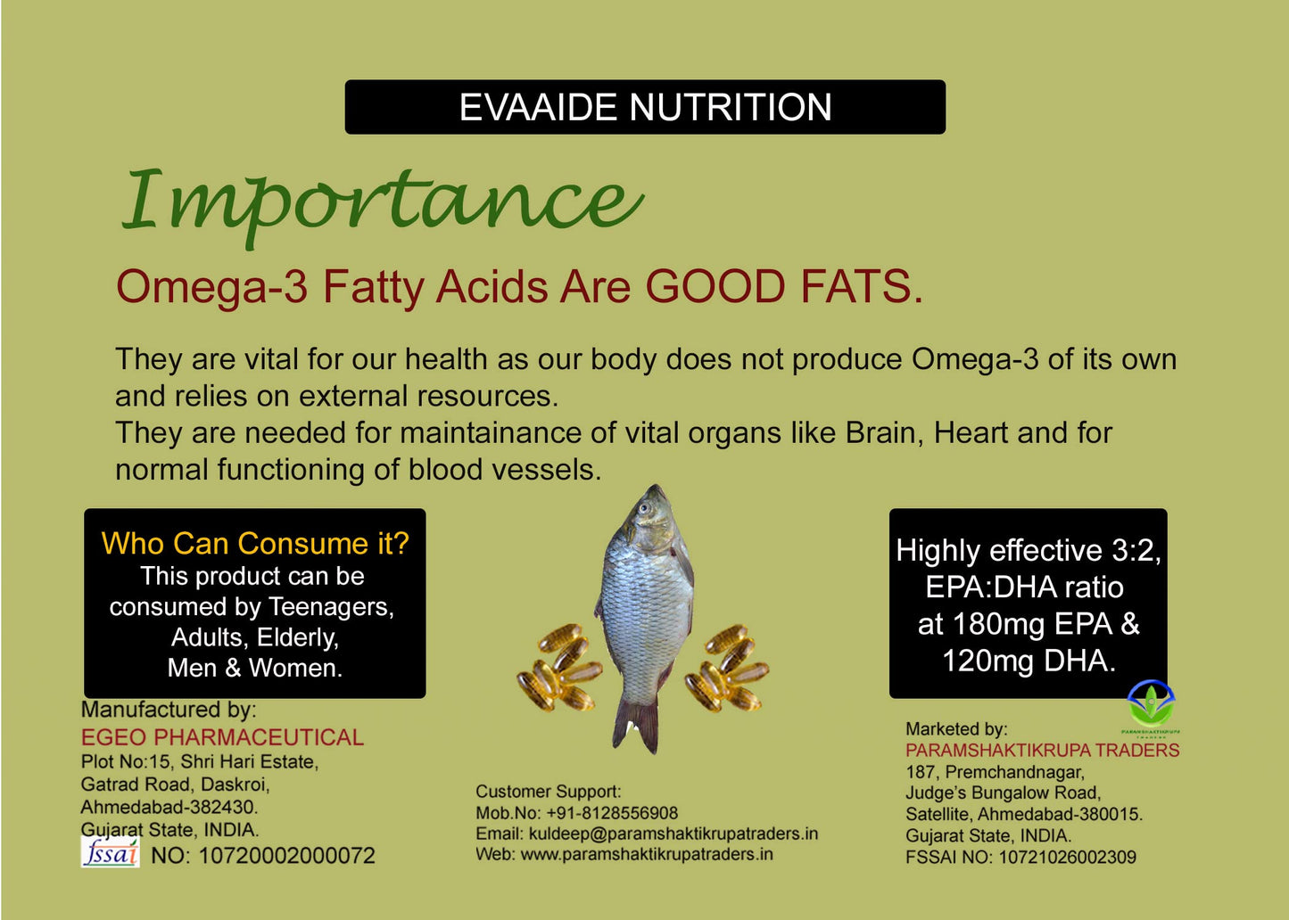 EVAAIDE Omega 3 Fish Oil, Fatty Acid, 1000mg (60 Capsules)