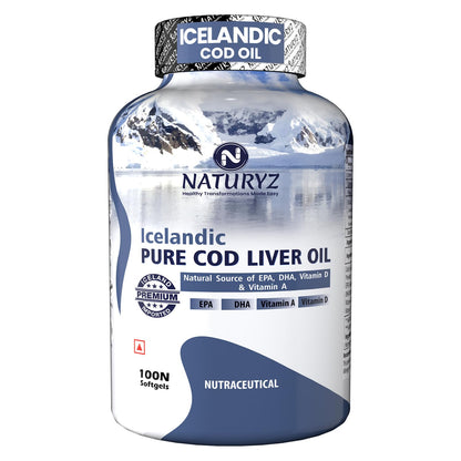 Naturyz Imported Icelandic COD Liver Oil Capsules with Natural Omega 3 (EPA & DHA), Rich in Vitamin D & A, Mercury Free, Immunity, Skin, Eye, Muscle & Joint Health Softgels, 100 Count, Pack of 1