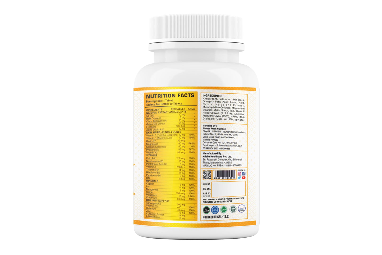FITNESS FREAK NUTRITION Multi Vitamin Tablet for Immunity, Skin, Hair, Bones & Joint | 60 Tablets