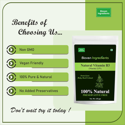 Bioven Ingredients Natural Vitamin B3 Powder, Derived from 100% Natural & Organic Amla Extract, Non-GMO Supplement, No Preservatives, Sugar, Gluten or Dairy Free Powder