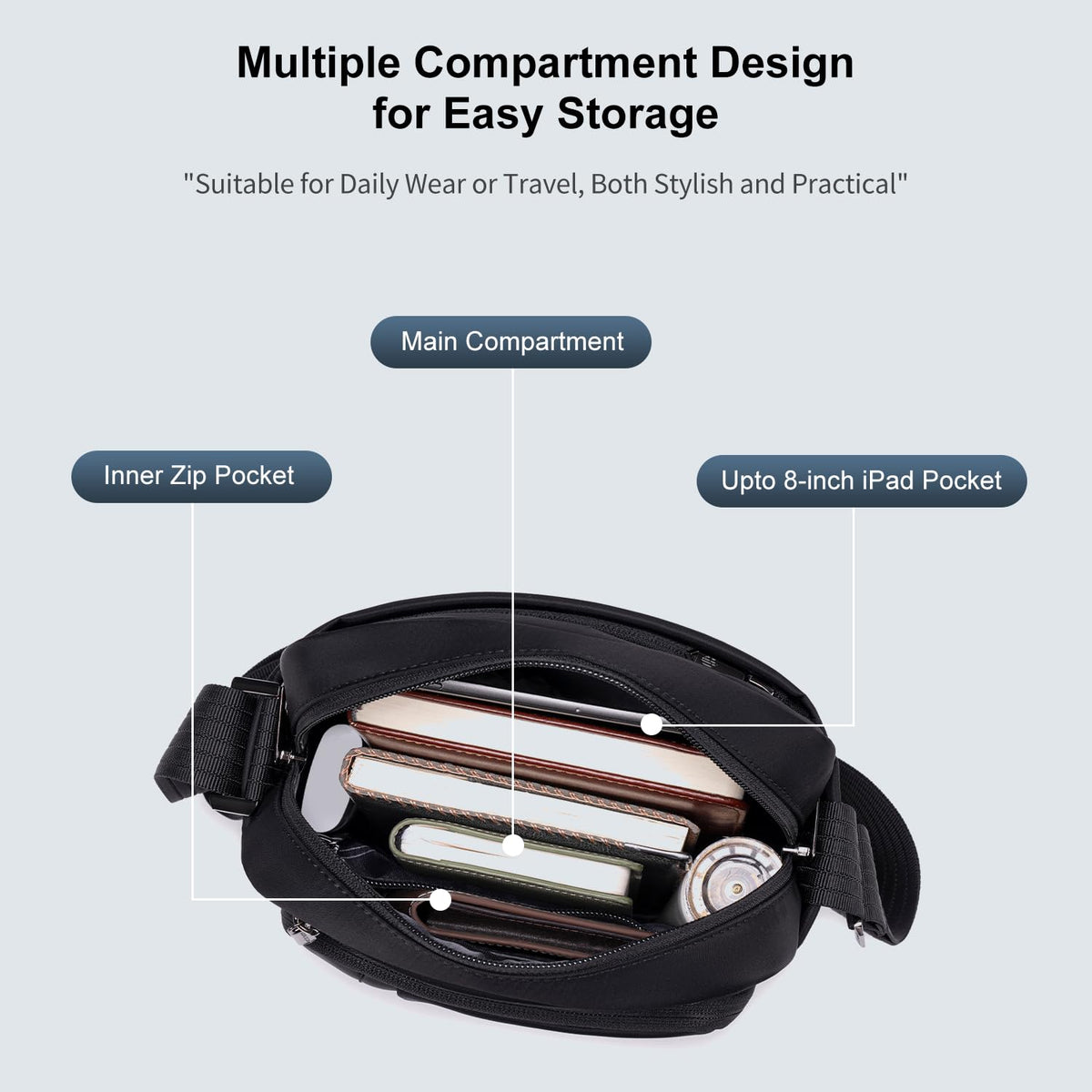 Arctic Hunter Nylon Sling Bag for Men Water Repellent Multiple Pockets Premium Side Messengert Shoulder Bag for 8" iPad Phone Casual Office College Travel, Black