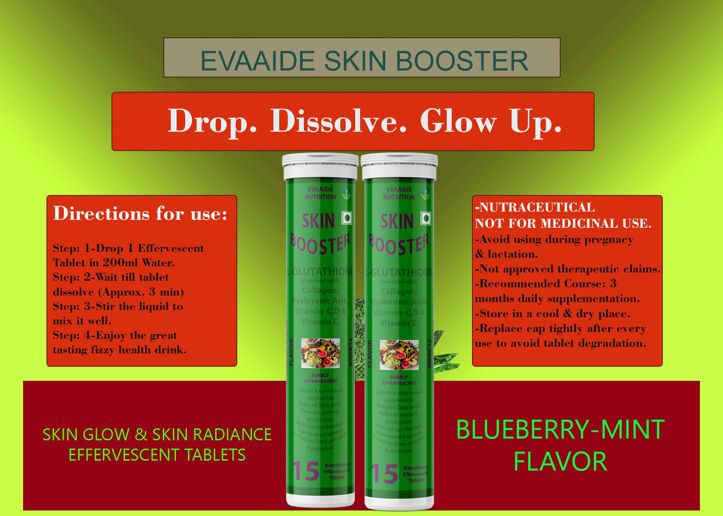 EVAAIDE Skin Booster | Collagen Builder, L-Glutathione, Hyaluronic Acid, Matcha Green Tea, Aloe Vera, Grape Seed, Vit E | Skin Radiance, Elasticity, Glow for Men & Women - 15 Tablets