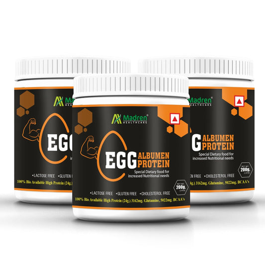 Madren Healthcare Egg Albumen Protein Powder Pack of 3 | Unflavoured Egg White Protein Powder | High Protein Supplement | Non-GMO Gluten Free Lactose Free | Easy Mixing Natural Protein for Muscle Recovery & Healthy Diet | 200g Each