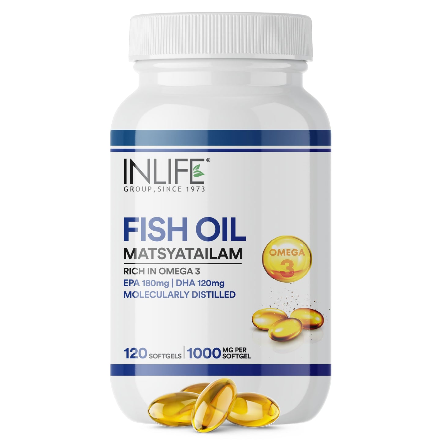 INLIFE Fish Oil Omega 3 Capsule 1000mg | Molecularly Distilled Highly Concentrated Supplement - 120 Softgels