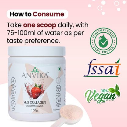 Anvika Veg Collagen Powder | Plant-Based Collagen Builder for Hair, Skin & Nails | Strawberry Flavor | 150g | Supports Skin Elasticity | Hair Growth & Joint Health
