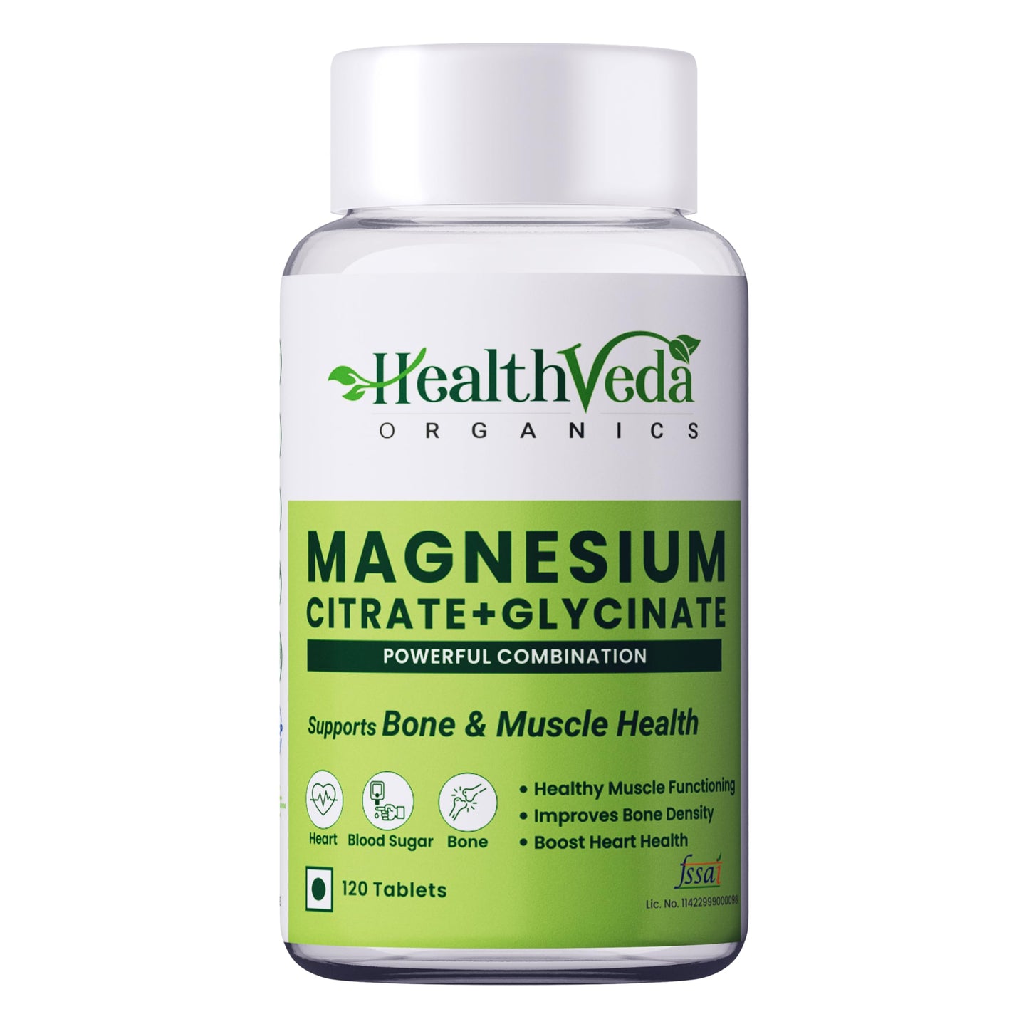 Health Veda Organics Magnesium Citrate + Glycinate 1648mg for Healthy Muscle Functioning, Improves Bone Density, Maintain Sugar Level, Assists in Heart & Nerve Health | 120 Veg Tablets for Men & Women