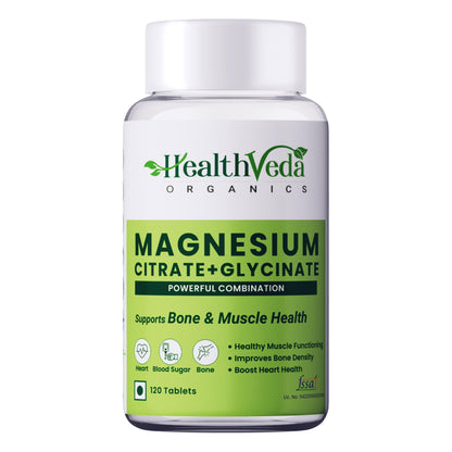 Health Veda Organics Magnesium Citrate + Glycinate 1648mg for Healthy Muscle Functioning, Improves Bone Density, Maintain Sugar Level, Assists in Heart & Nerve Health | 120 Veg Tablets for Men & Women