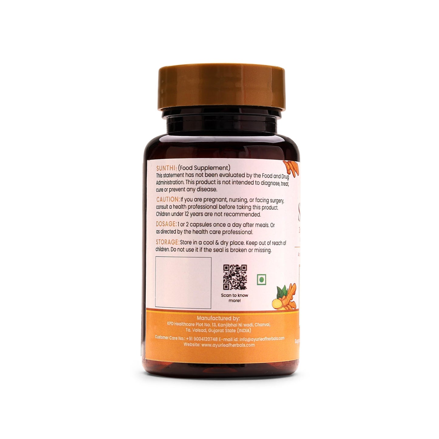 Ayurleaf Herbal Sunthi Supplement - Zingiber Officinale (Ginger) Capsules for Digestion, Bloating, and Nausea Relief (500mg, 60 Capsules)