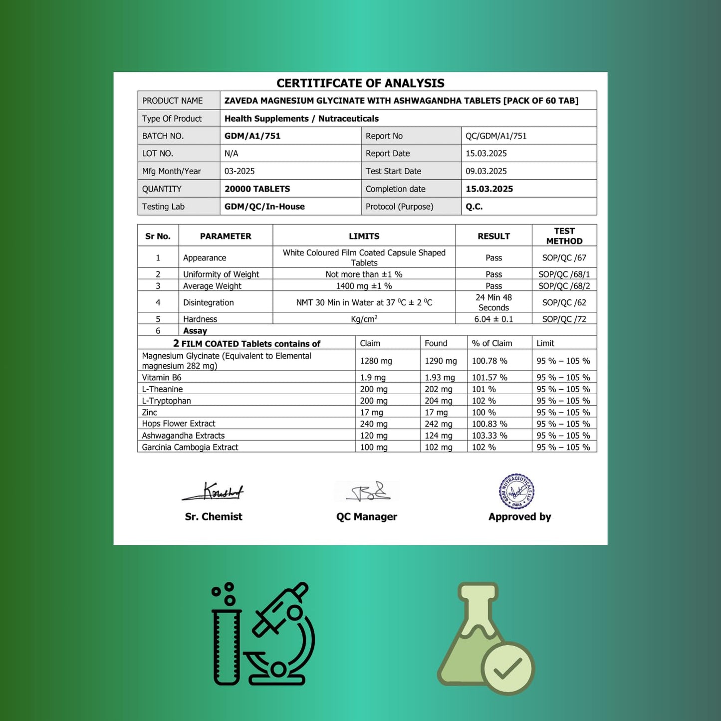 Zaveda Magnesium Glycinate Ashwagandha Tablets with Hopes flower, Vit. B6, L-Theanine, L-tryptophan & zinc | Highly Advanced Plant based formula | Muscle Recovery, Sleep & Nerve halth | 60 VegTablets