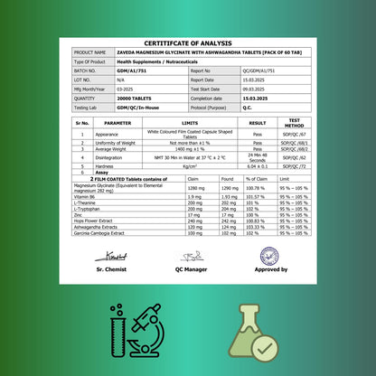 Zaveda Magnesium Glycinate Ashwagandha Tablets with Hopes flower, Vit. B6, L-Theanine, L-tryptophan & zinc | Highly Advanced Plant based formula | Muscle Recovery, Sleep & Nerve halth | 60 VegTablets