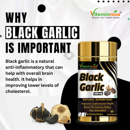 Vitaminnica 100% Natural Black Garlic Capsules Superfood Immunity Booster - Heart & Weight Management - Detox Antioxidant Supplement - 120 Veg Capsules (Pack of 2)