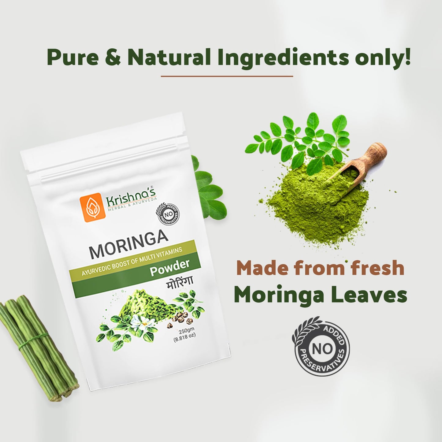 Krishna's Moringa Powder, Rich in essential vitamins, minerals, and amino acids, No Artificial Colors or Flavors - 250 g (Pack of 1)