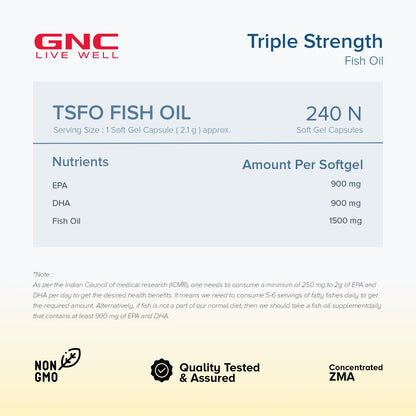 GNC Triple Strength Fish Oil 1500mg Omega-3 with 900mg EPA & DHA | 240 Softgels | For Heart, Healthy Cholesterol, Joint Comfort, Focus & Vision | Enteric-Coated for No Fishy Aftertaste |USA Formulated