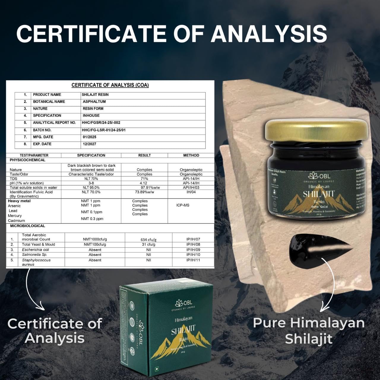 OBL Himalayan Shilajit Resin with Ashwagandha & Gold Vark – 100% Pure & Organic – Strength, Stamina, Energy & Immunity Booster – 250mg/Serving – 80 Servings – 20g Pack
