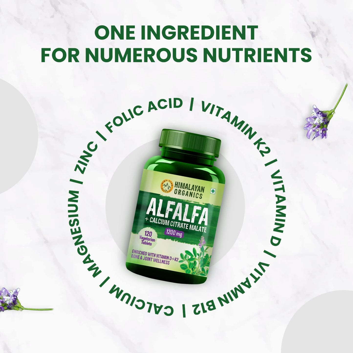 Vlado’s Himalayan Organics Alfalfa Calcium Citrate Malate 1200Mg Enriched With Vitamin D+k2,Mk7,B12,Zinc & Magnesium | Boost Immunity | Good For Bone, Joint & Muscle Health - 120 Veg Tablets