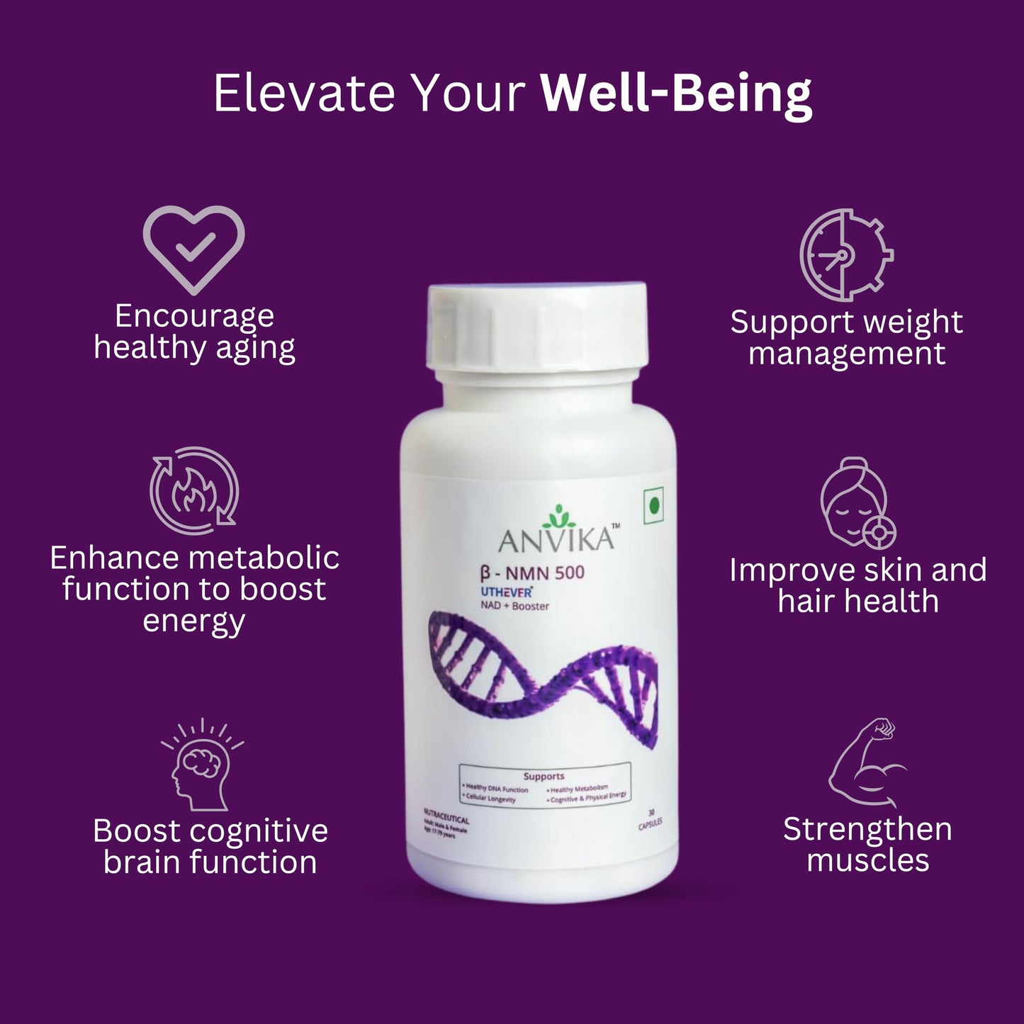 Anvika NMN Supplement, 99.9% Pure Beta NMN, NAD+ Booster for Energy, Cellular Repair & Skin Health 500 mg, 30 Veg Capsules for Men & Women, Focus, Cellular Health and Metabolism